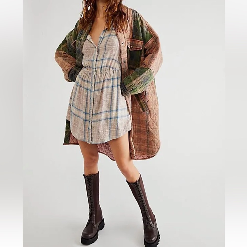 Free People Plaid Midi Dress - Cream and Blue